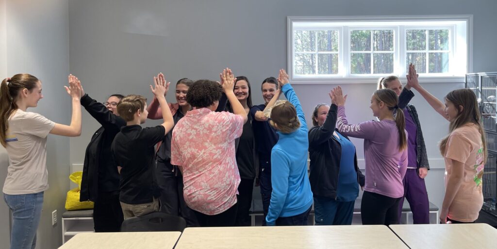 Veterinary Assistants and middle schoolers high-fiving at Grace Animal Hospital