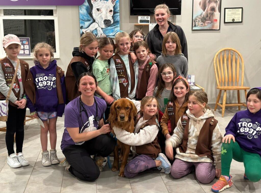 Team members from Shawnee Hills Animal Hospital with a girl scout troop