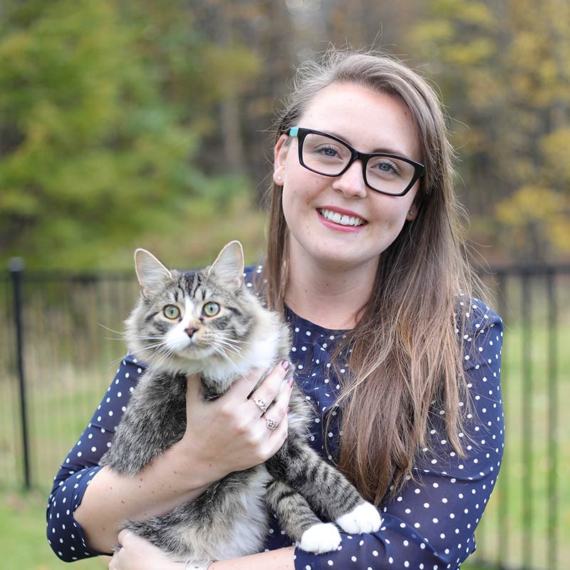 Devin Whalen holding a fluffy gray and white cat