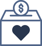 blue icon of a coin being dropped into a box with a heart on it