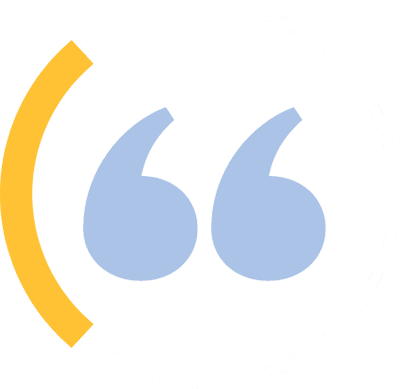 light blue quotation mark icon inside white circle with yellow accent